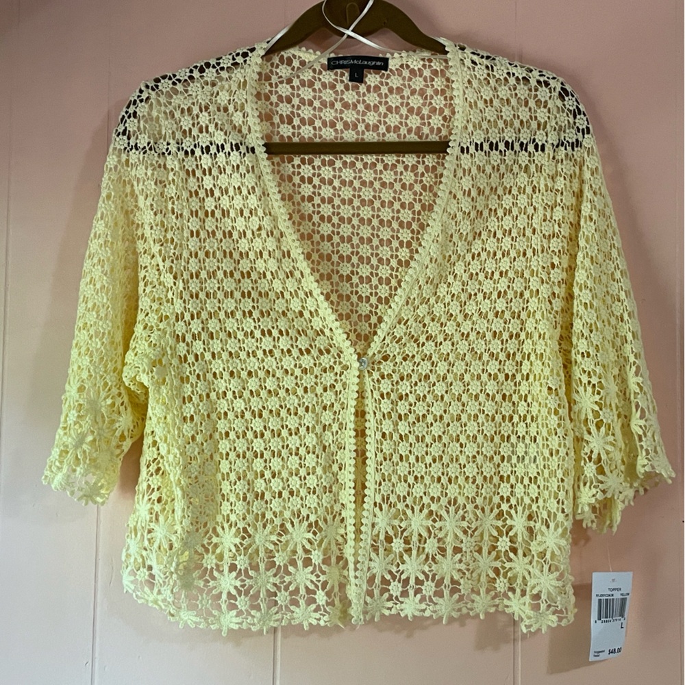 CHRISMcLaughlin Crochet Floral Butter Yellow Cardigan Lace Cropped Boho